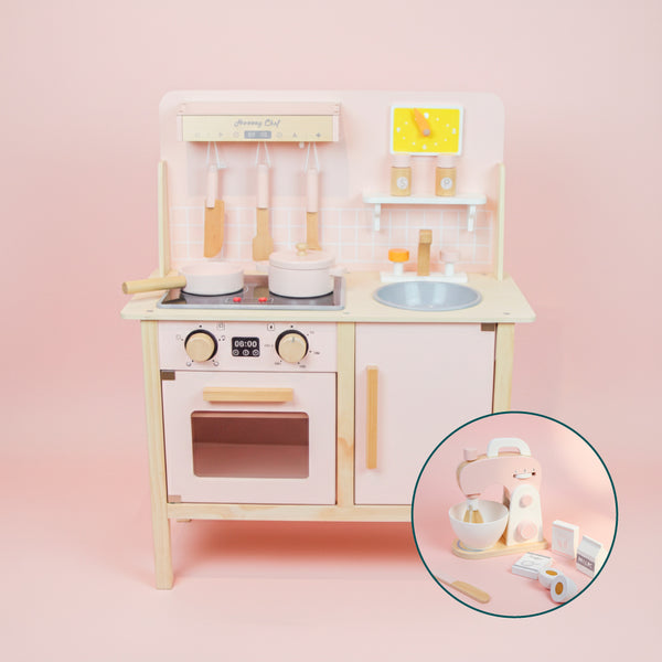 COZINHA INFANTIL DE MADEIRA ROSA COM ACESSORIOS E COOKTOP PARA MENINAS