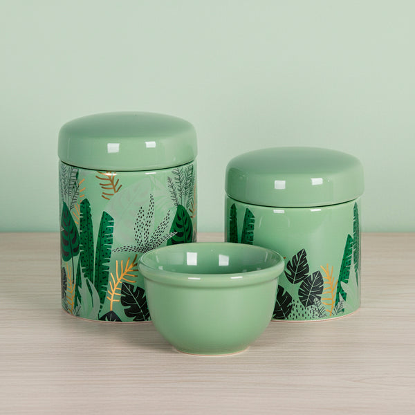 KIT HIGIENE 3PC FOLHAGEM DOURADO FUNDO VERDE