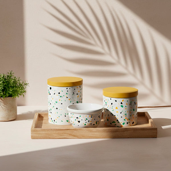 KIT HIGIENE 3PC TERRAZO MOSTARDA/BRANCO