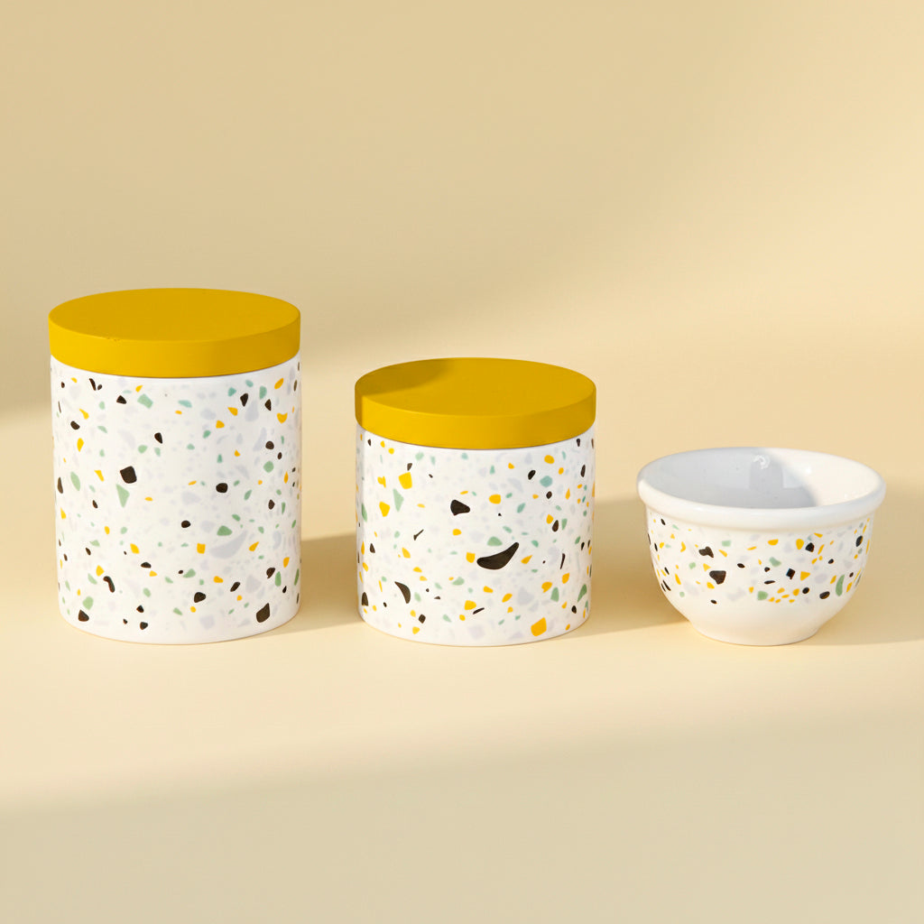 KIT HIGIENE 3PC TERRAZO MOSTARDA/BRANCO
