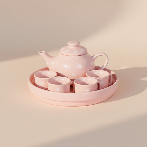 JG DE CHA ROSA COM POA BRANCO + BANDEJA 6PCS