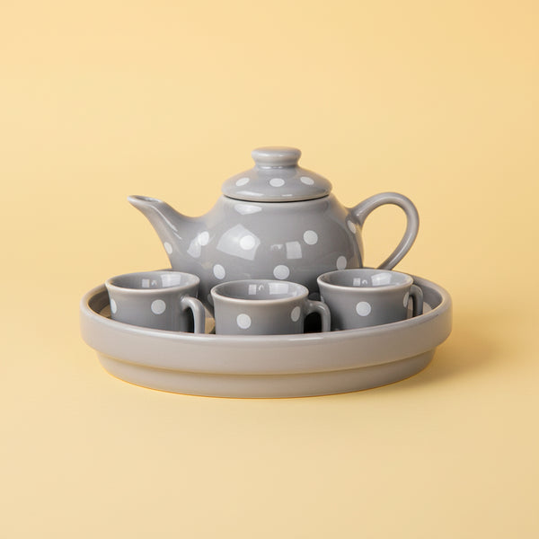 JG DE CHA CINZA COM POA BRANCO + BANDEJA 6PCS