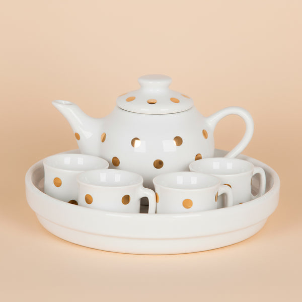 JG DE CHA BRANCO COM POA DOURADO + BANDEJA 6PCS