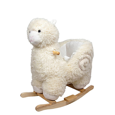 LHAMA DE BALANCO EM PELUCIA COM PES E APOIO DE MAOS EM MADEIRA QUE PERMITE O BALANCO SEGURO E CONFOR