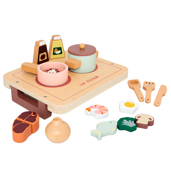 MINI FOGAO DE MADEIRA COM CONJUTO DE 2 PANELAS + TALHERES DE MADEIRA + 10 COMIDINHAS DE MADEIRA PAR