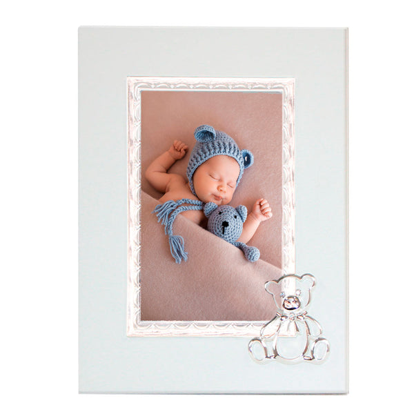 PORTA RETRATO BRANCO ONDULADO COM URSO SILVERPLATED