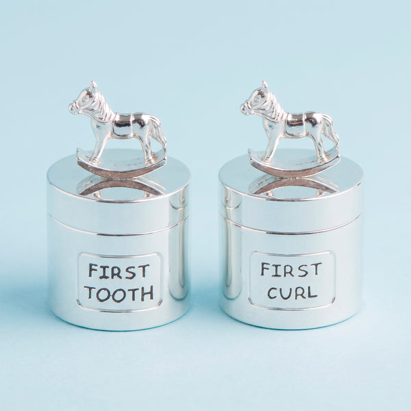 M1 JG2 MEU PRIMEIRO DENTE/CACHO SILVERPLATE CAVALO BALANCO AZUL