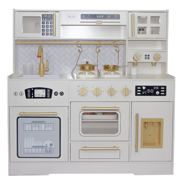 COZINHA FUNCIONAL E ACESSORIOS COM DETALHES EM BRANCO E DOURADO