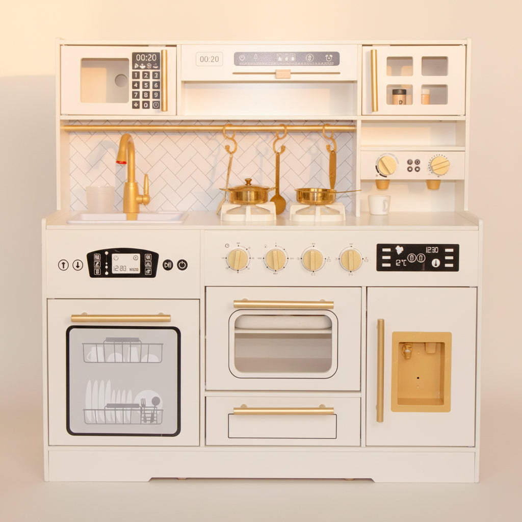 COZINHA FUNCIONAL E ACESSORIOS COM DETALHES EM BRANCO E DOURADO