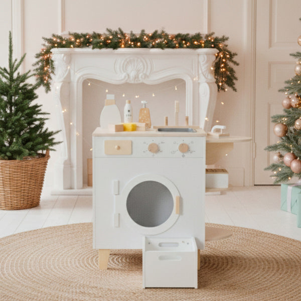 MAQUINA DE LAVAR COM ACESSORIOS EM MADEIRA