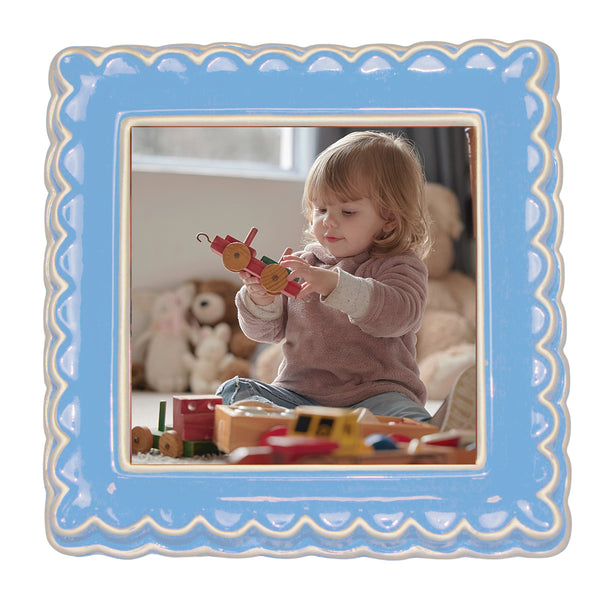 PORTA RETRATO AZUL PORCELANA COM DETALHES ROSA 10X10