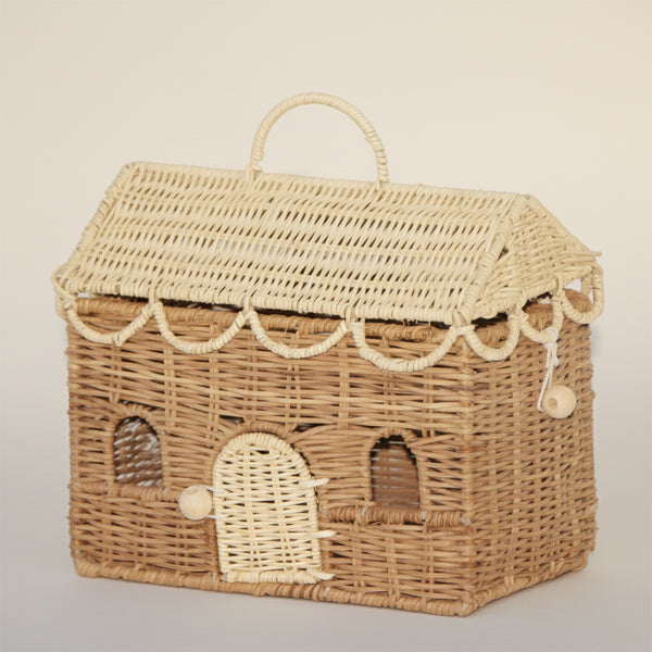 CESTA CASINHA DE RATTAN COM TELHADO BRANCO