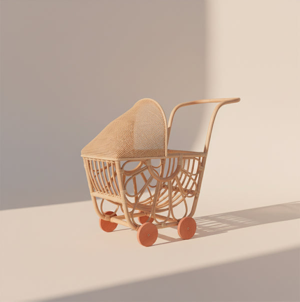 CARRINHO DE BONECA DE BAMBU E RATTAN