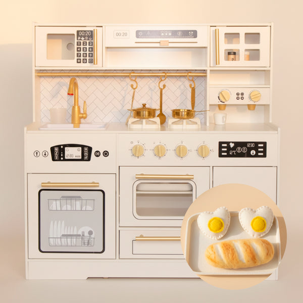 COZINHA FUNCIONAL E ACESSORIOS COM DETALHES EM BRANCO E DOURADO