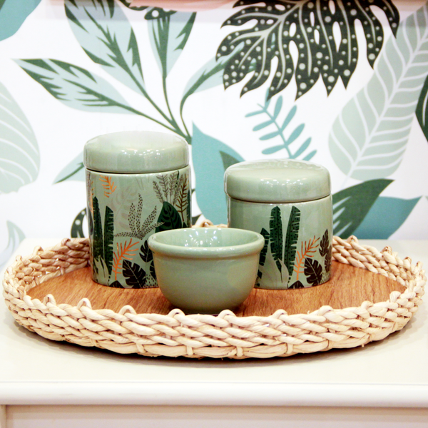 KIT HIGIENE 3PC FOLHAGEM DOURADO FUNDO VERDE