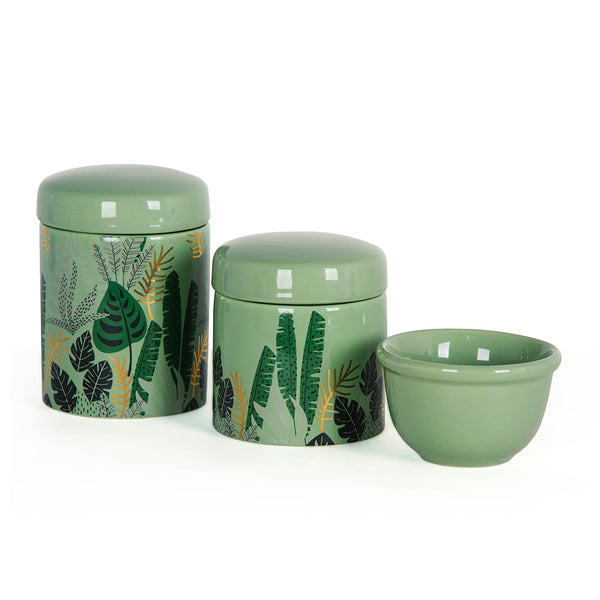 KIT HIGIENE 3PC FOLHAGEM DOURADO FUNDO VERDE