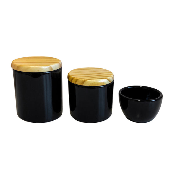 KIT HIGIENE 3PC PRETO COM TAMPA DE MADEIRA