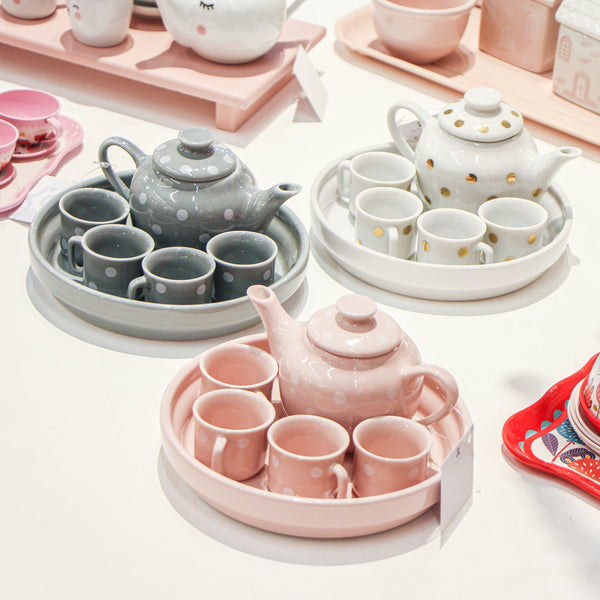 JG DE CHA CINZA COM POA BRANCO + BANDEJA 6PCS