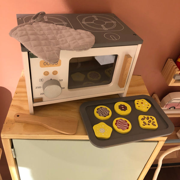 MINI MICROONDAS DE MADEIRA + BANDEJA + 6COOKIES + LUVA E ESPATULA