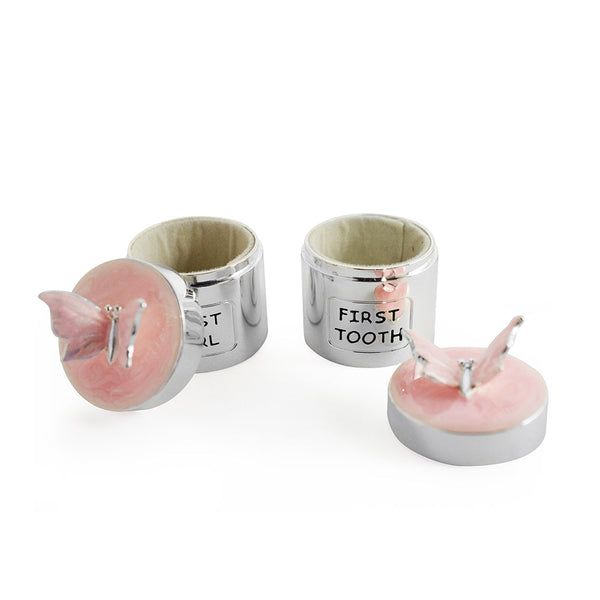 JG2 MEU PRIMEIRO DENTE/CACHO SILVERPLATE BORBOLETA ASAS BASE ROSA