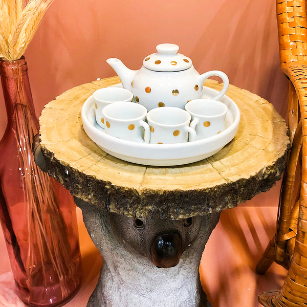 JG DE CHA BRANCO COM POA DOURADO + BANDEJA 6PCS